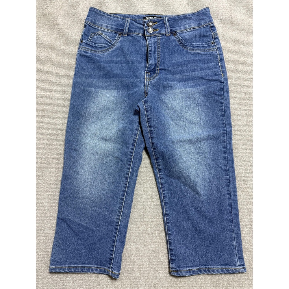 FAITH JENS Jeans Womens 8 Blue Stretch Denim Capri Cropped Double Button Zip Fly